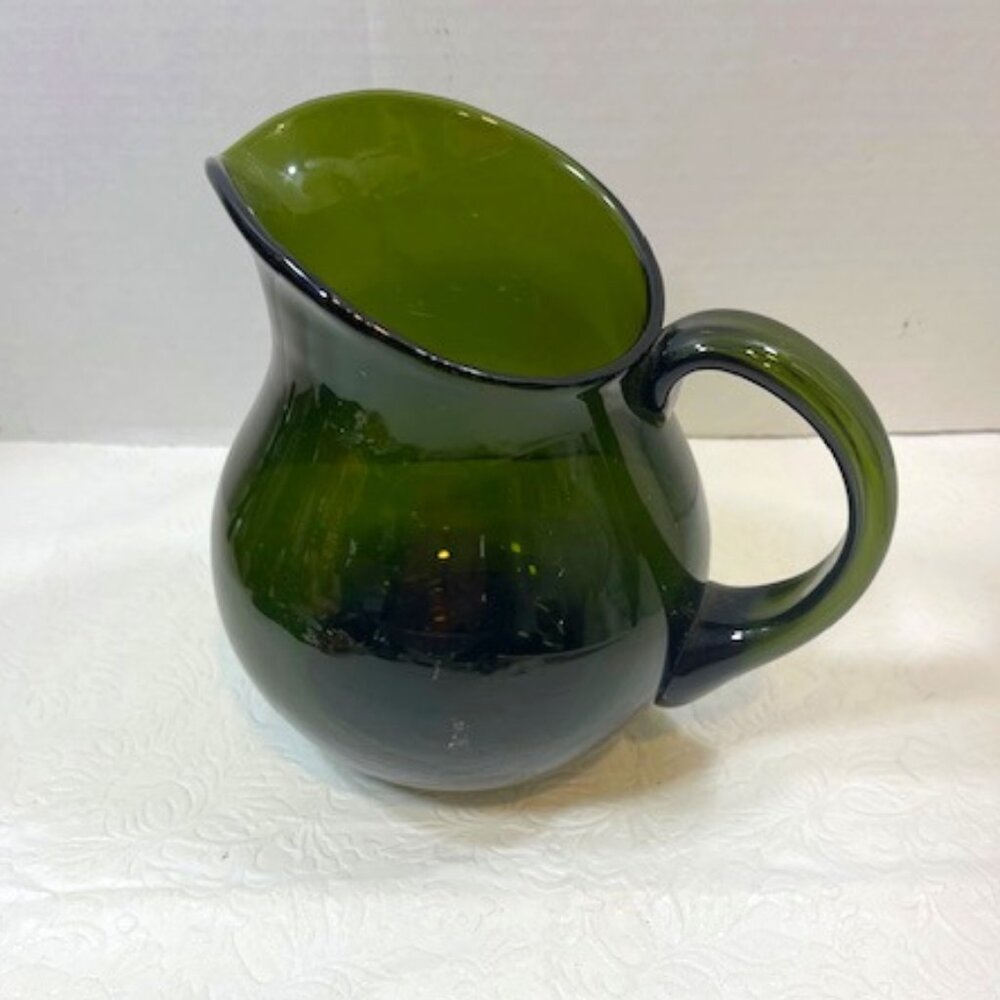 VTG Olive Green Glass Cottage Water Dinner Pitcher Jug 6" Tall/6.75"Wide